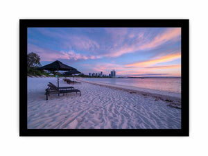 Panoramic beach sunset photography canvas art for coastal living room decor.