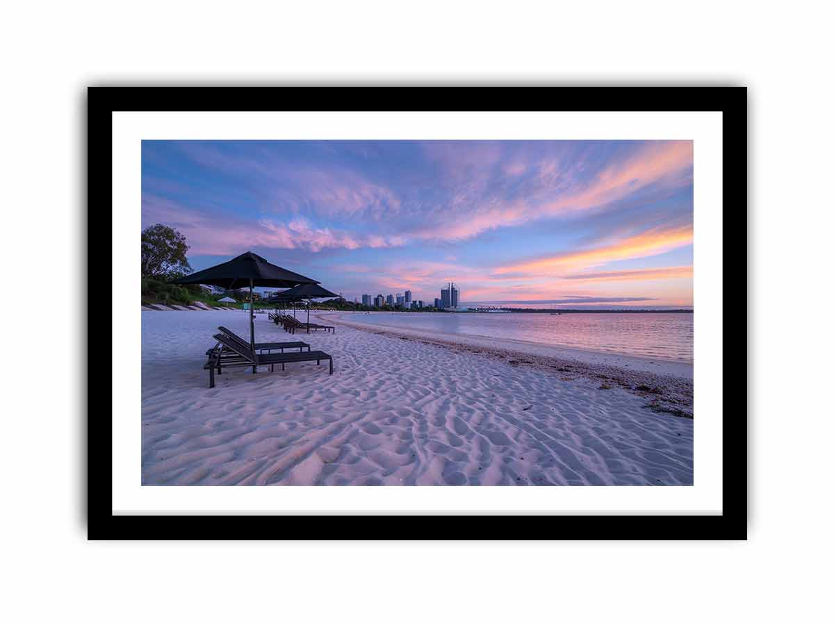 Panoramic beach sunset photography canvas art for coastal living room decor.