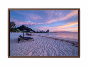 Panoramic beach sunset photography canvas art for coastal living room decor.