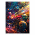 Colorful cosmic planets canvas art for dramatic modern living room decor.
