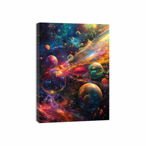 Colorful cosmic planets canvas art for dramatic modern living room decor.