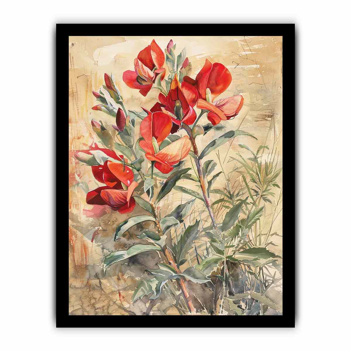 Red native floral watercolor canvas art for elegant living room decor.