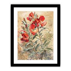 Red native floral watercolor canvas art for elegant living room decor.