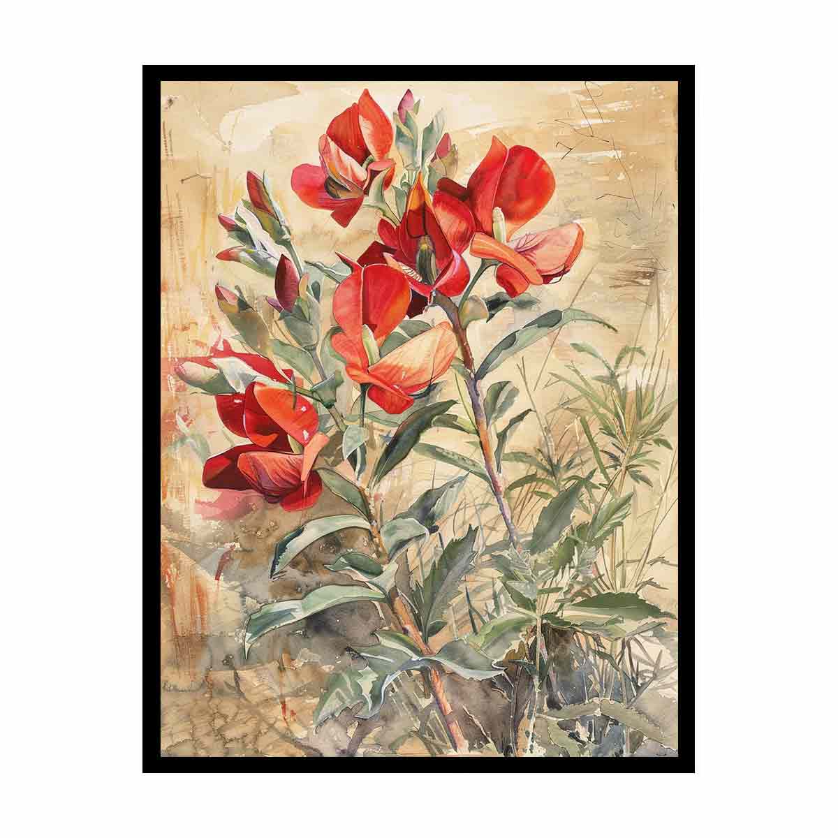 Red native floral watercolor canvas art for elegant living room decor.