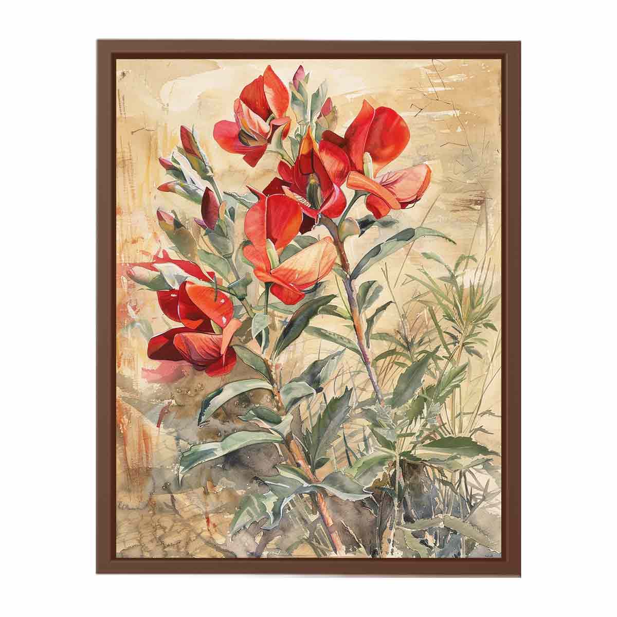 Red native floral watercolor canvas art for elegant living room decor.