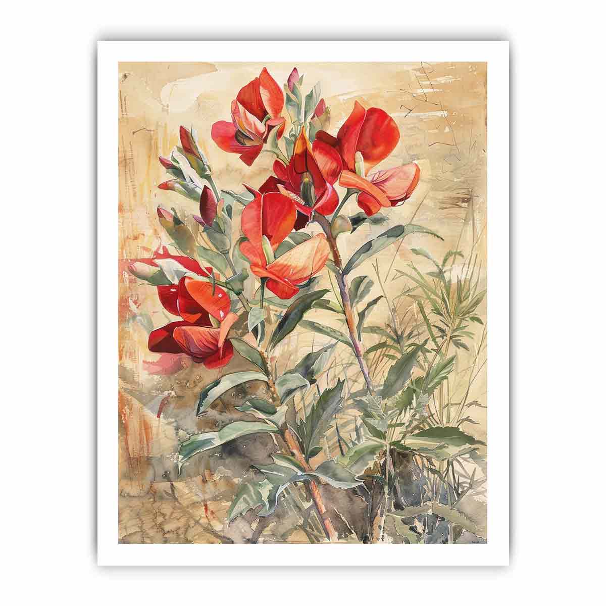 Red native floral watercolor canvas art for elegant living room decor.