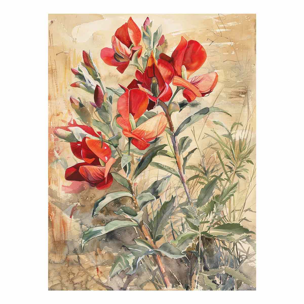 Red native floral watercolor canvas art for elegant living room decor.