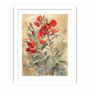 Red native floral watercolor canvas art for elegant living room decor.