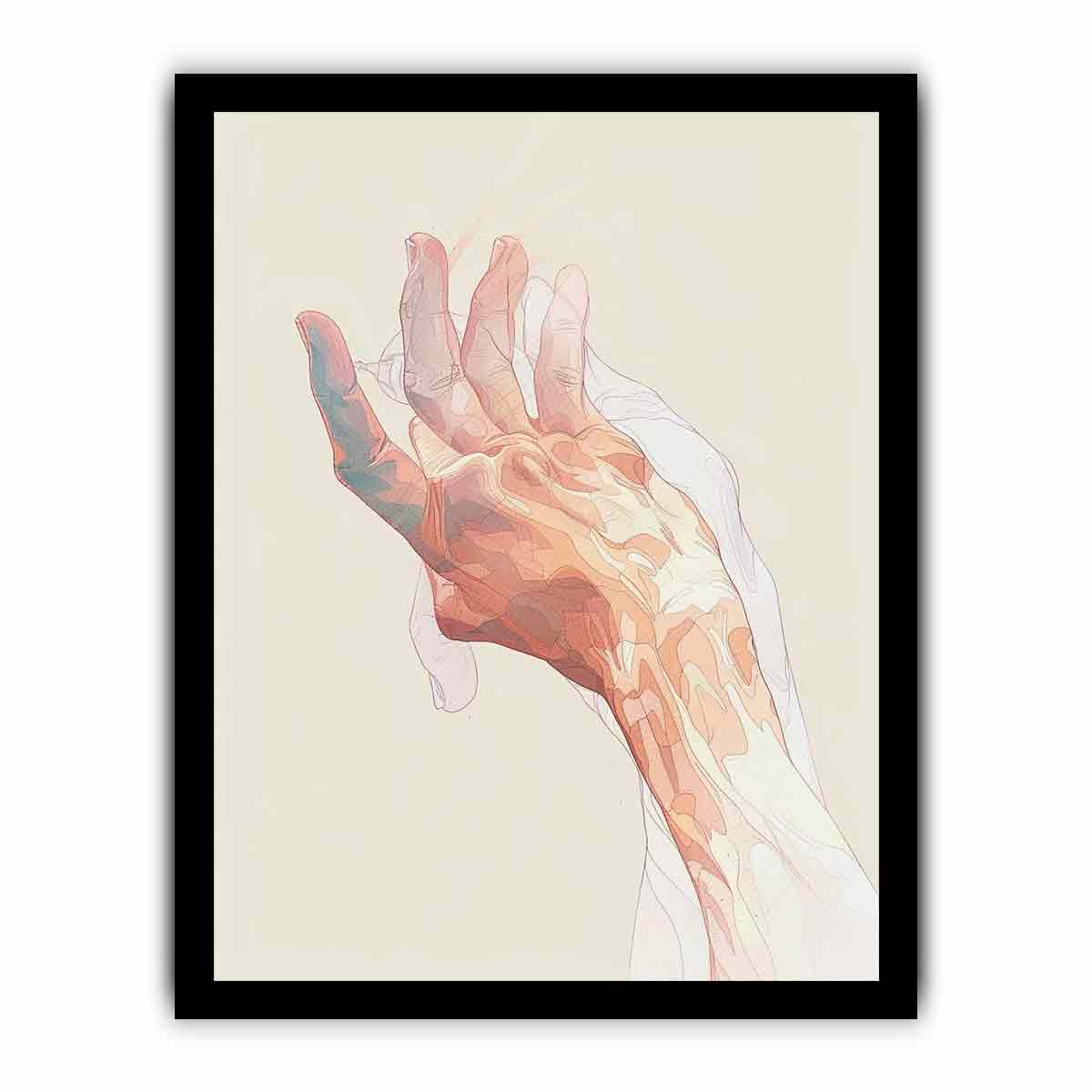 abstract open hand with layered fine outlines in blush pink, coral, peach and muted blue-green on a warm cream background