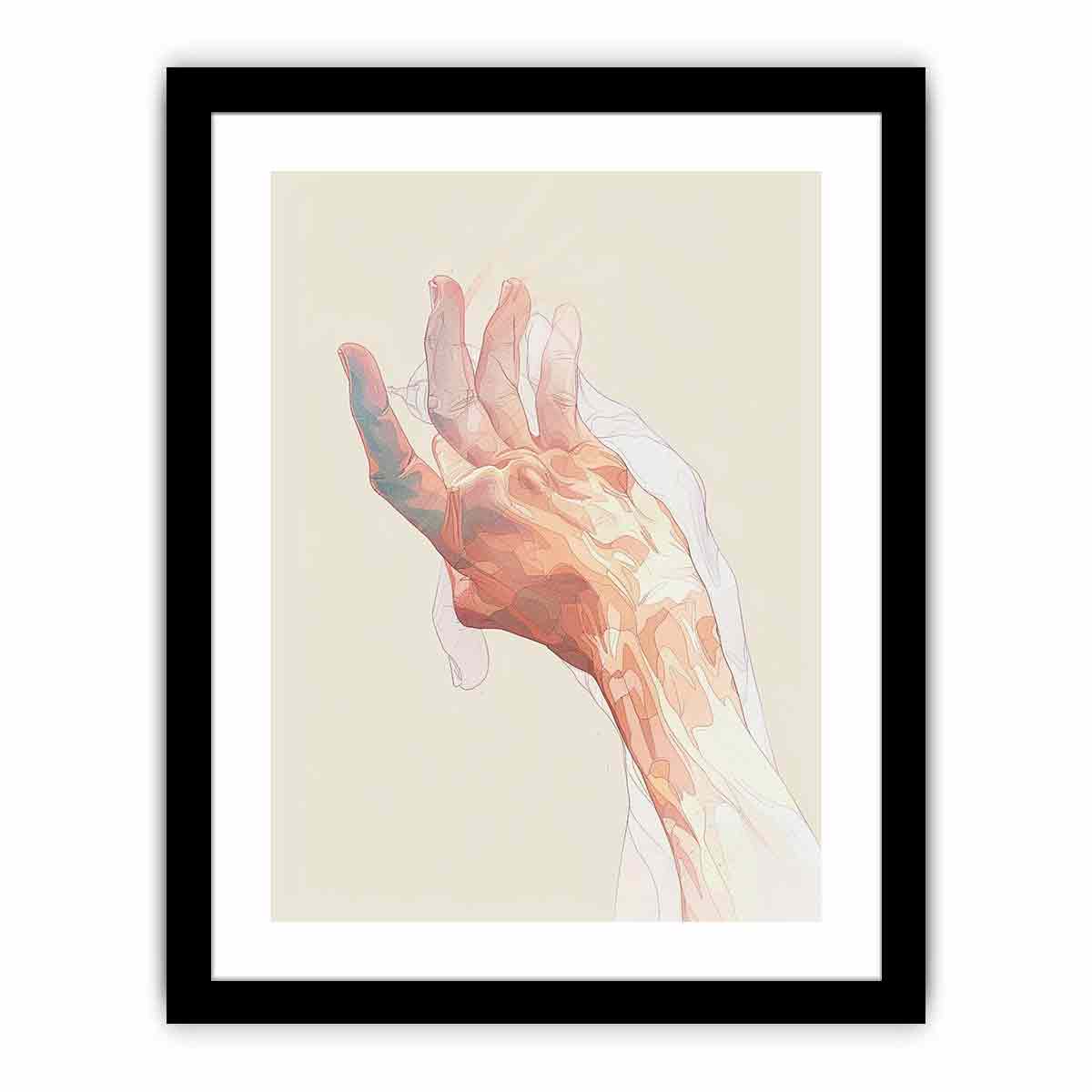 abstract open hand with layered fine outlines in blush pink, coral, peach and muted blue-green on a warm cream background