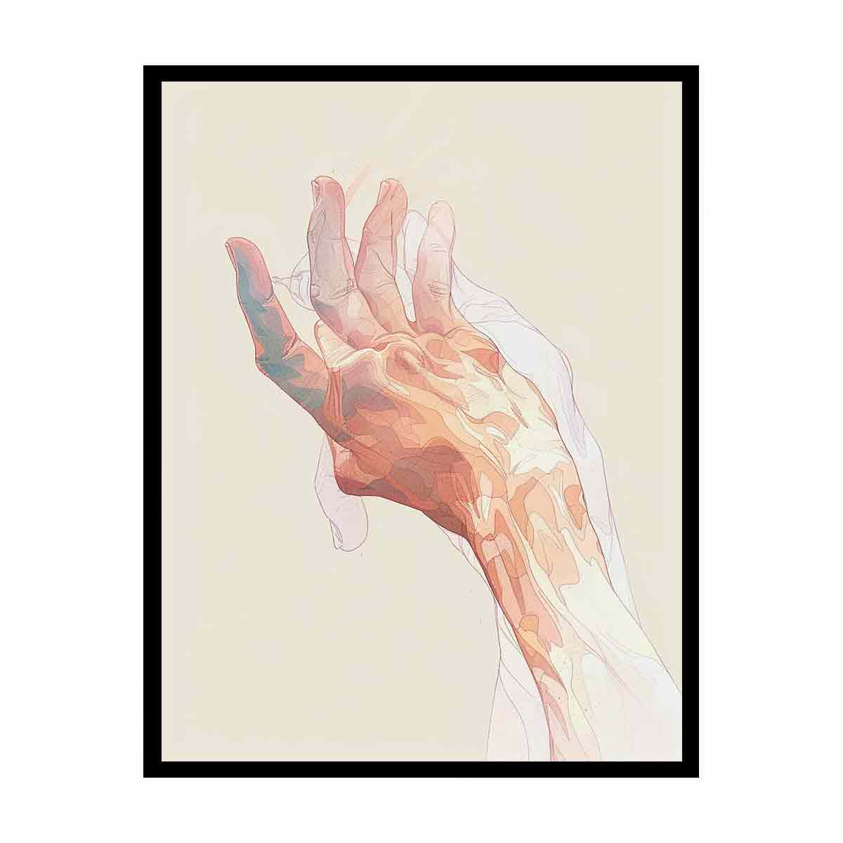abstract open hand with layered fine outlines in blush pink, coral, peach and muted blue-green on a warm cream background