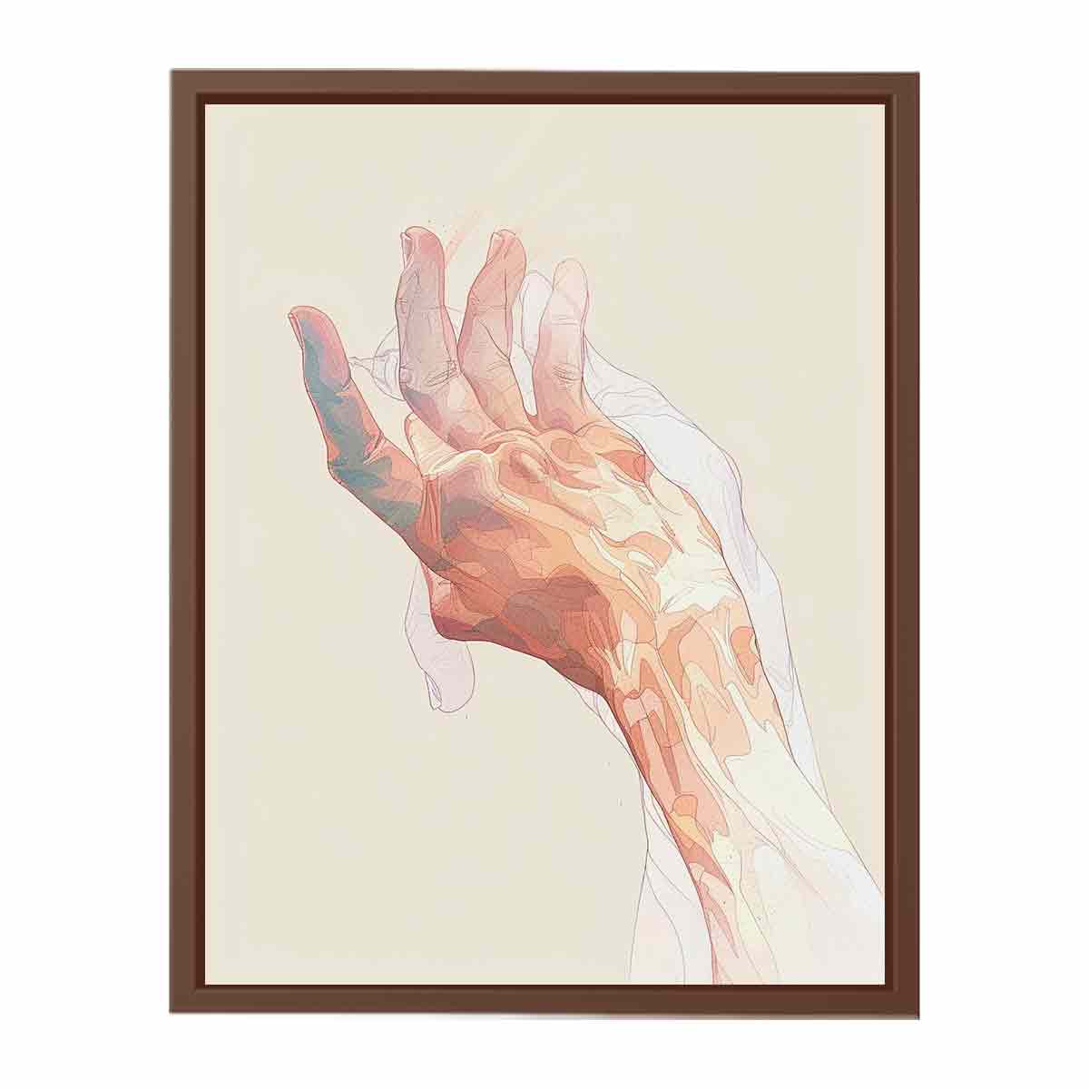 abstract open hand with layered fine outlines in blush pink, coral, peach and muted blue-green on a warm cream background