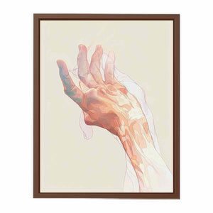 abstract open hand with layered fine outlines in blush pink, coral, peach and muted blue-green on a warm cream background
