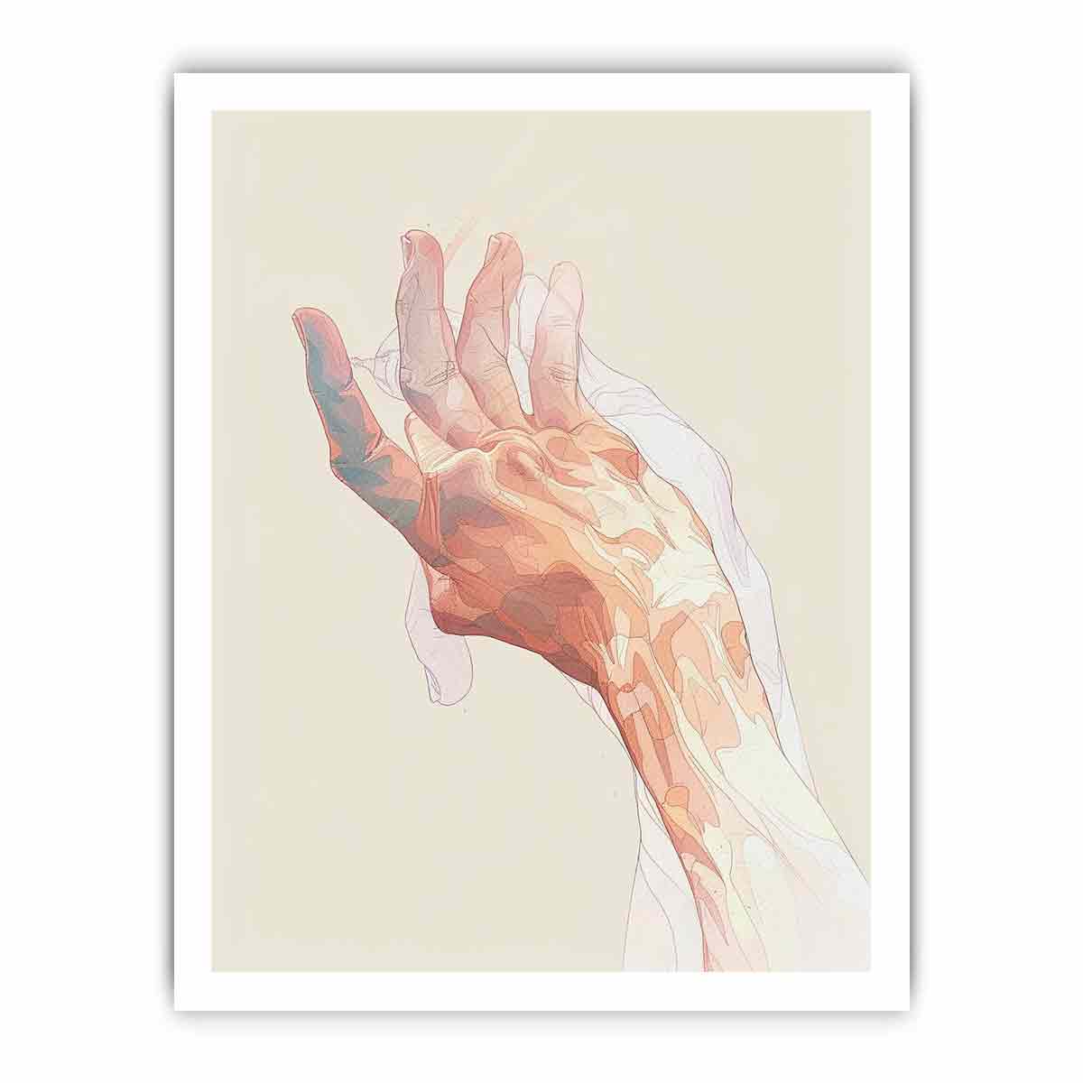 abstract open hand with layered fine outlines in blush pink, coral, peach and muted blue-green on a warm cream background