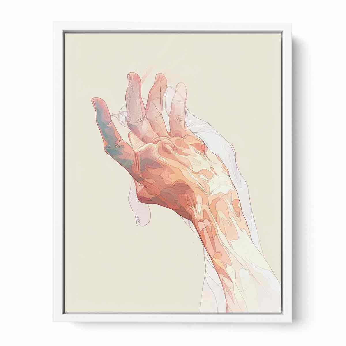 abstract open hand with layered fine outlines in blush pink, coral, peach and muted blue-green on a warm cream background