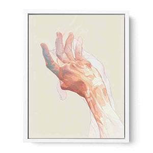 abstract open hand with layered fine outlines in blush pink, coral, peach and muted blue-green on a warm cream background