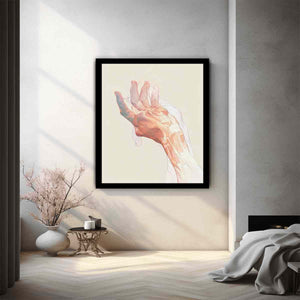 abstract open hand with layered fine outlines in blush pink, coral, peach and muted blue-green on a warm cream background