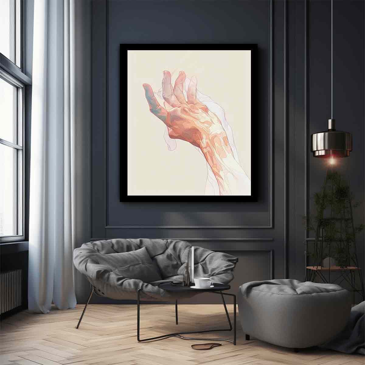 abstract open hand with layered fine outlines in blush pink, coral, peach and muted blue-green on a warm cream background