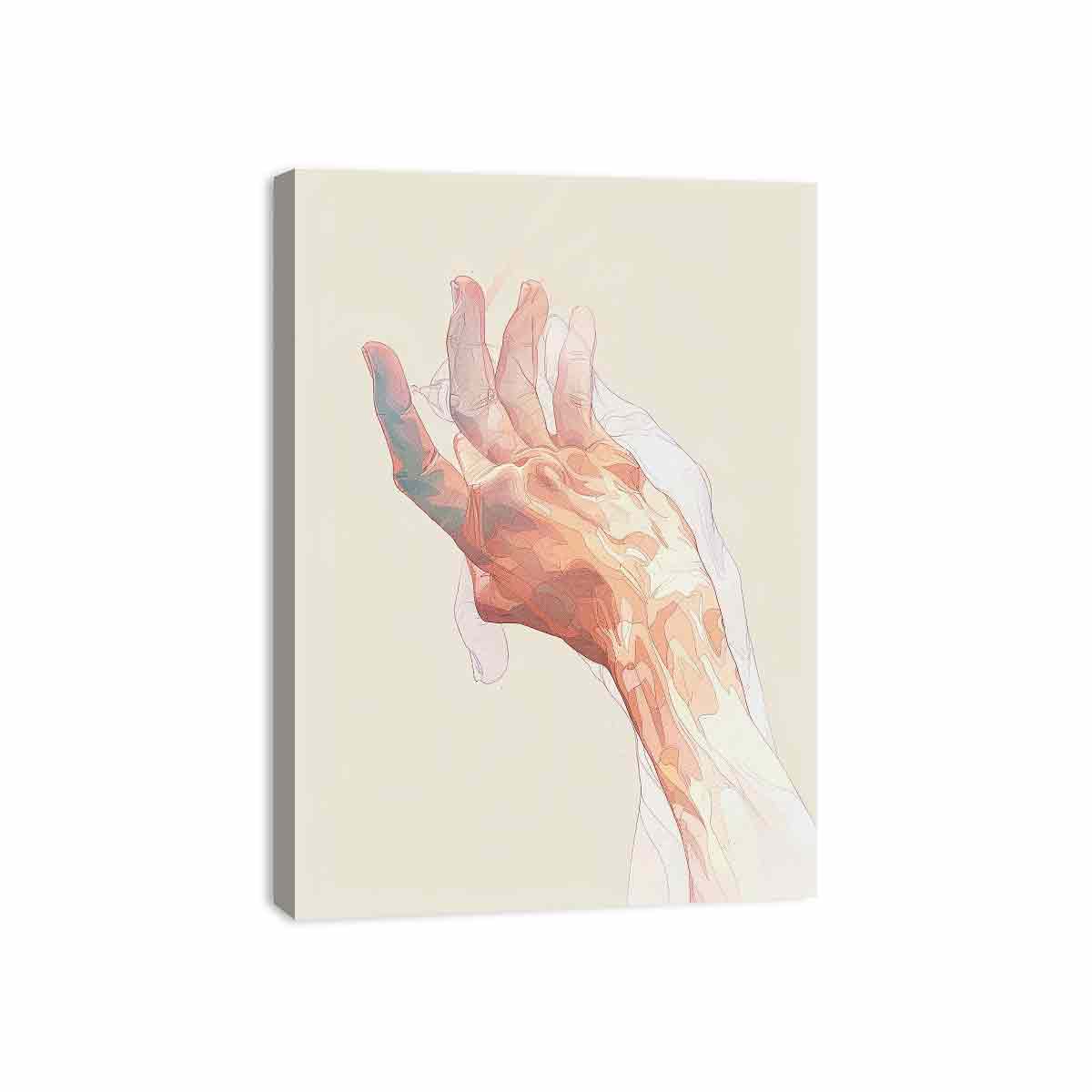 abstract open hand with layered fine outlines in blush pink, coral, peach and muted blue-green on a warm cream background