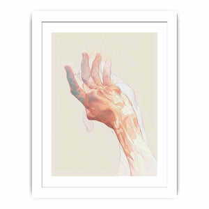 abstract open hand with layered fine outlines in blush pink, coral, peach and muted blue-green on a warm cream background