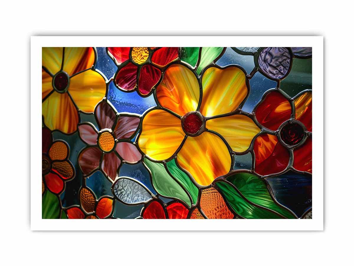 Colorful stained glass floral canvas art for bright living room or kitchen decor.