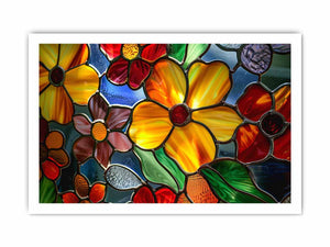 Colorful stained glass floral canvas art for bright living room or kitchen decor.