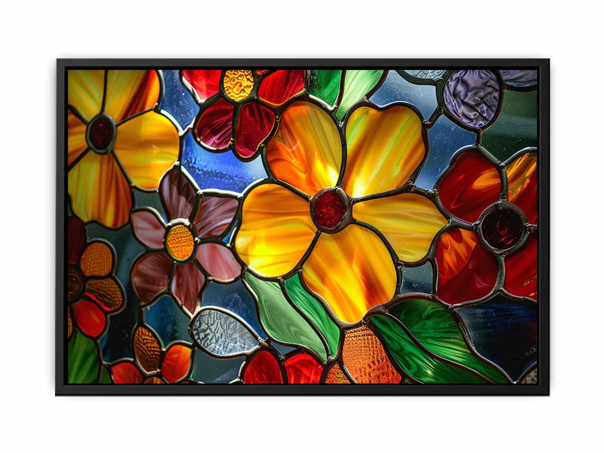 Colorful stained glass floral canvas art for bright living room or kitchen decor.
