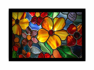 Colorful stained glass floral canvas art for bright living room or kitchen decor.