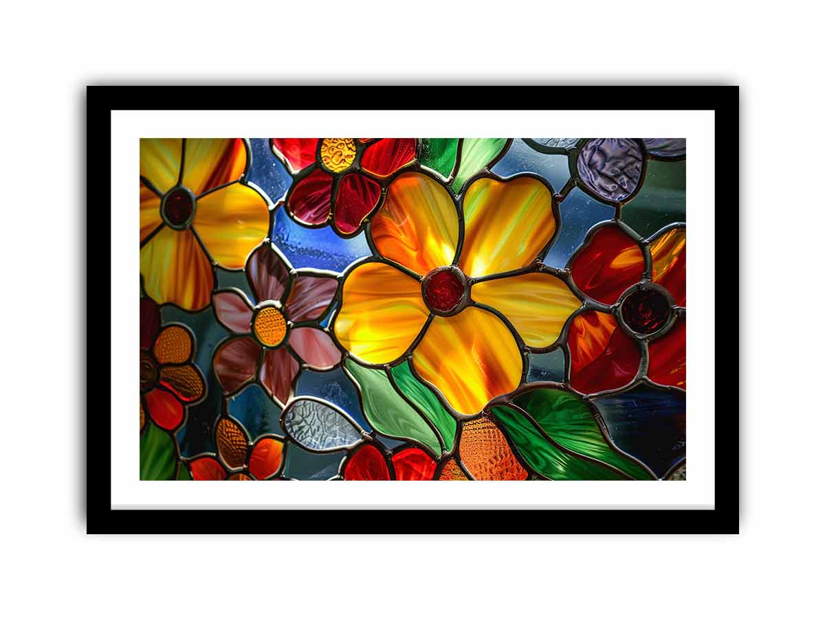 Colorful stained glass floral canvas art for bright living room or kitchen decor.