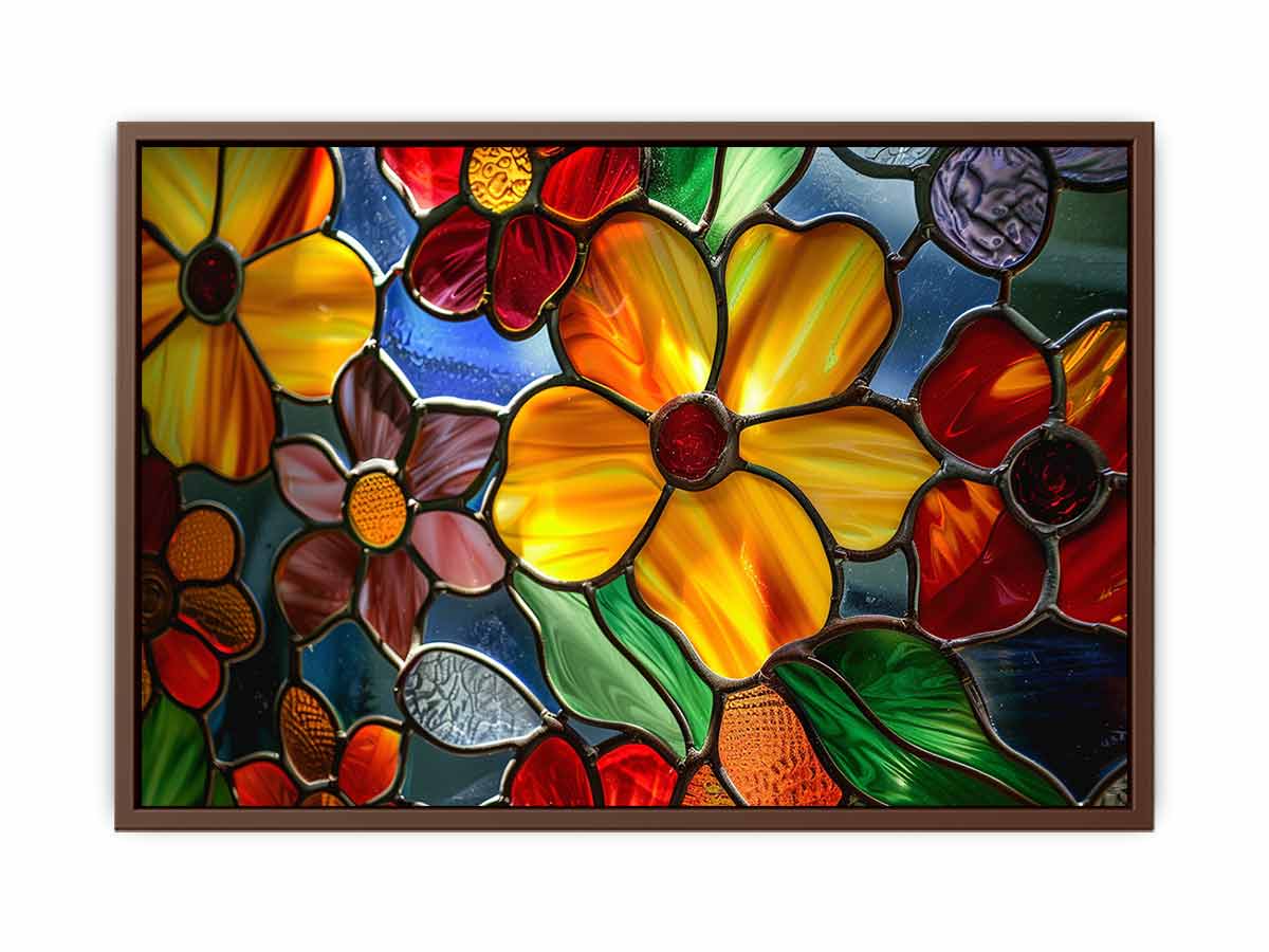 Colorful stained glass floral canvas art for bright living room or kitchen decor.