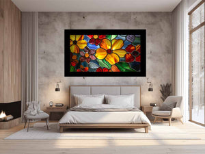 Colorful stained glass floral canvas art for bright living room or kitchen decor.