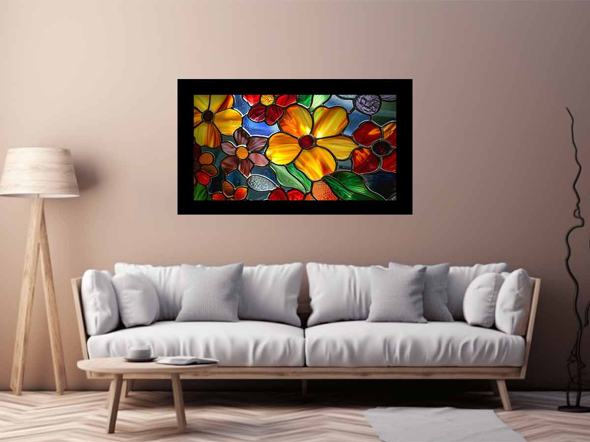Colorful stained glass floral canvas art for bright living room or kitchen decor.