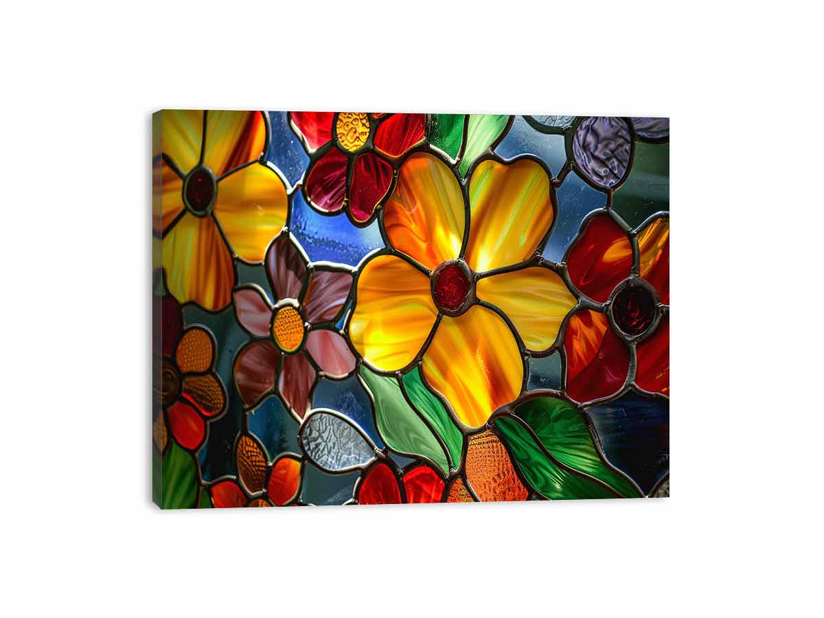 Colorful stained glass floral canvas art for bright living room or kitchen decor.