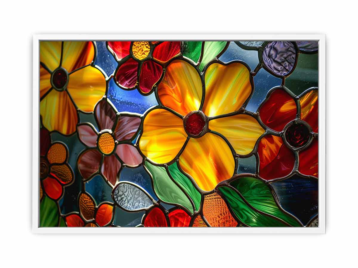 Colorful stained glass floral canvas art for bright living room or kitchen decor.