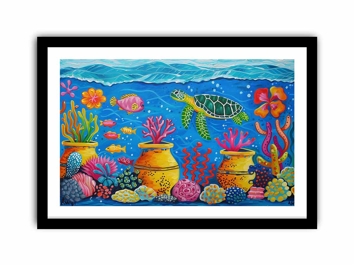 Whimsical sea turtle and coral canvas art for nursery or kids room decor.