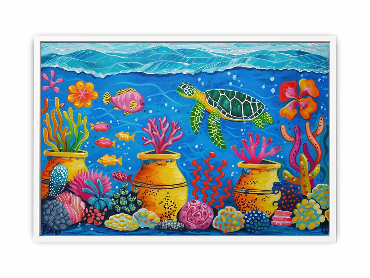 Whimsical sea turtle and coral canvas art for nursery or kids room decor.