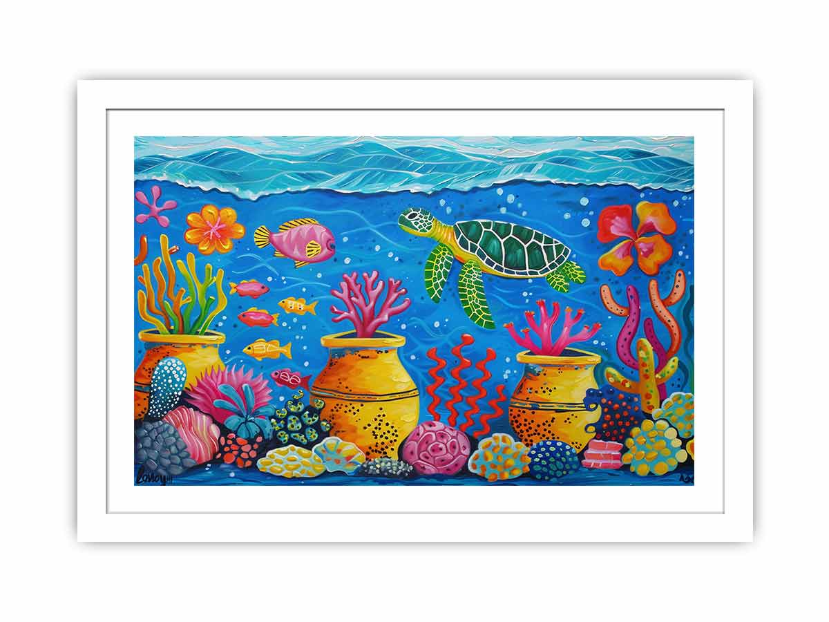 Whimsical sea turtle and coral canvas art for nursery or kids room decor.