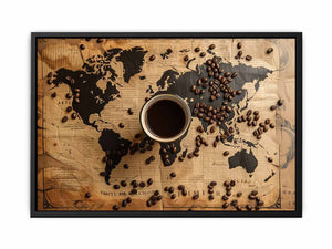 Vintage coffee world map canvas art for kitchen, dining room, cafe, or home bar decor.