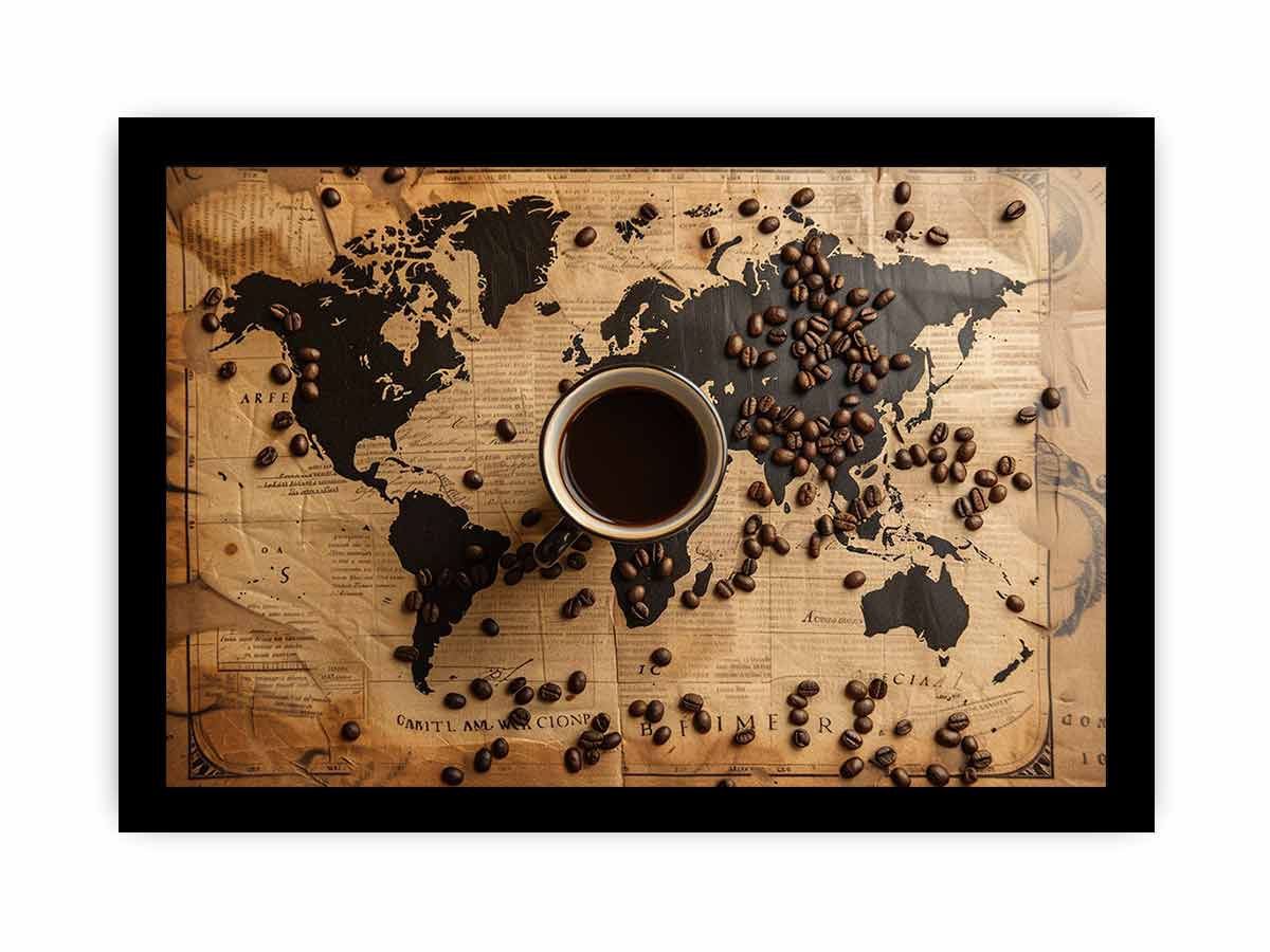 Vintage coffee world map canvas art for kitchen, dining room, cafe, or home bar decor.