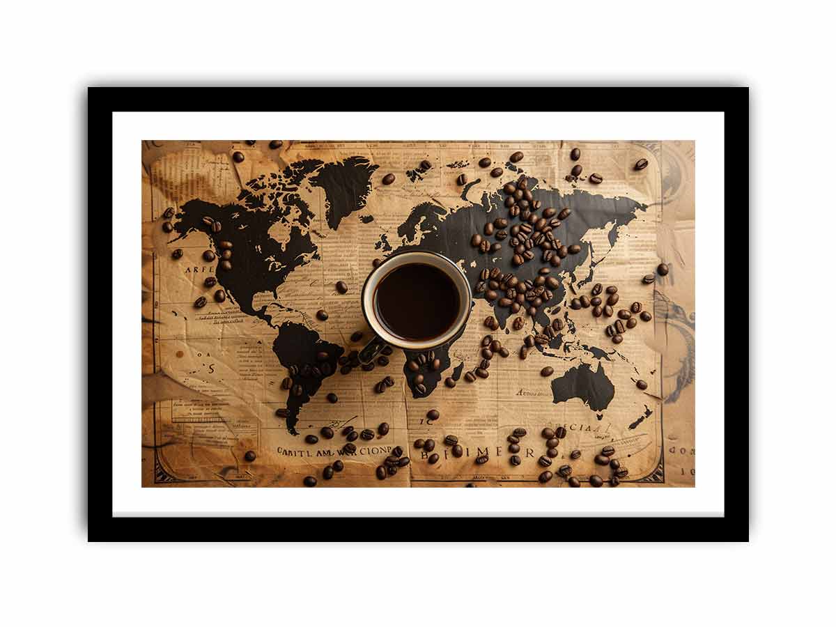 Vintage coffee world map canvas art for kitchen, dining room, cafe, or home bar decor.