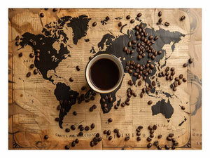 Vintage coffee world map canvas art for kitchen, dining room, cafe, or home bar decor.