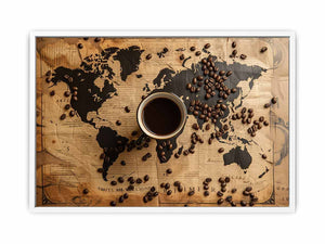 Vintage coffee world map canvas art for kitchen, dining room, cafe, or home bar decor.