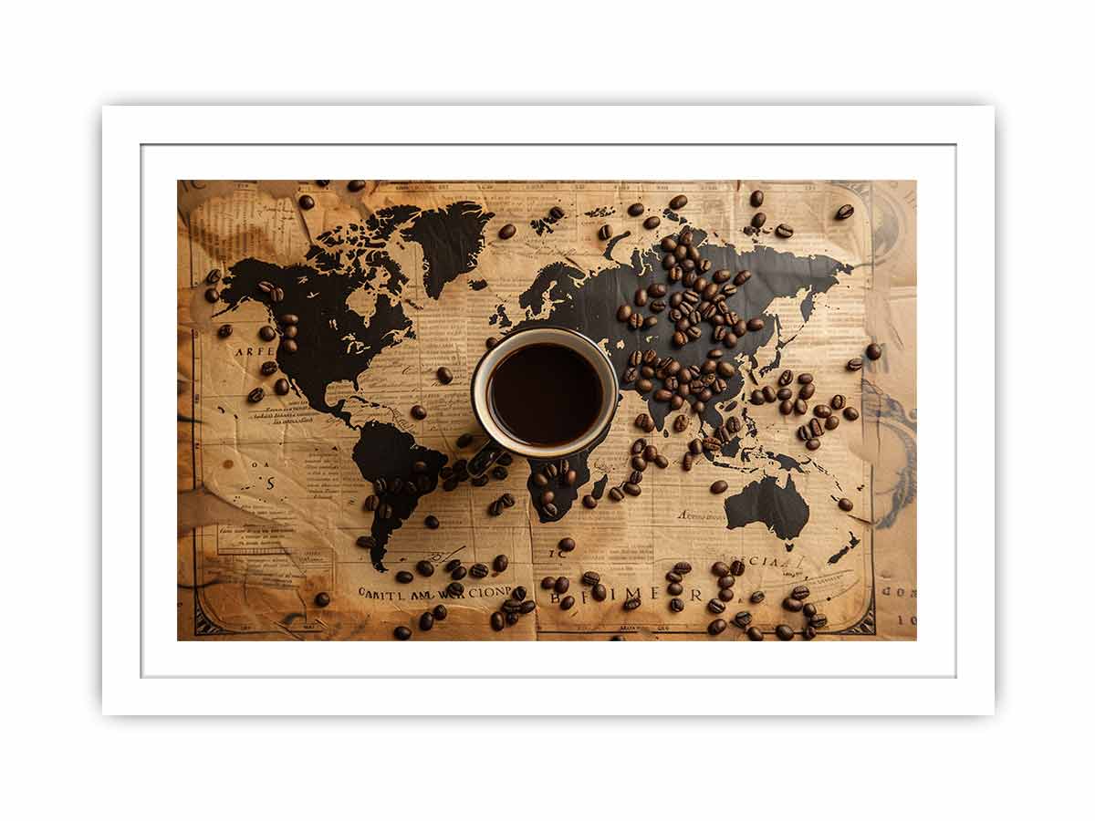 Vintage coffee world map canvas art for kitchen, dining room, cafe, or home bar decor.