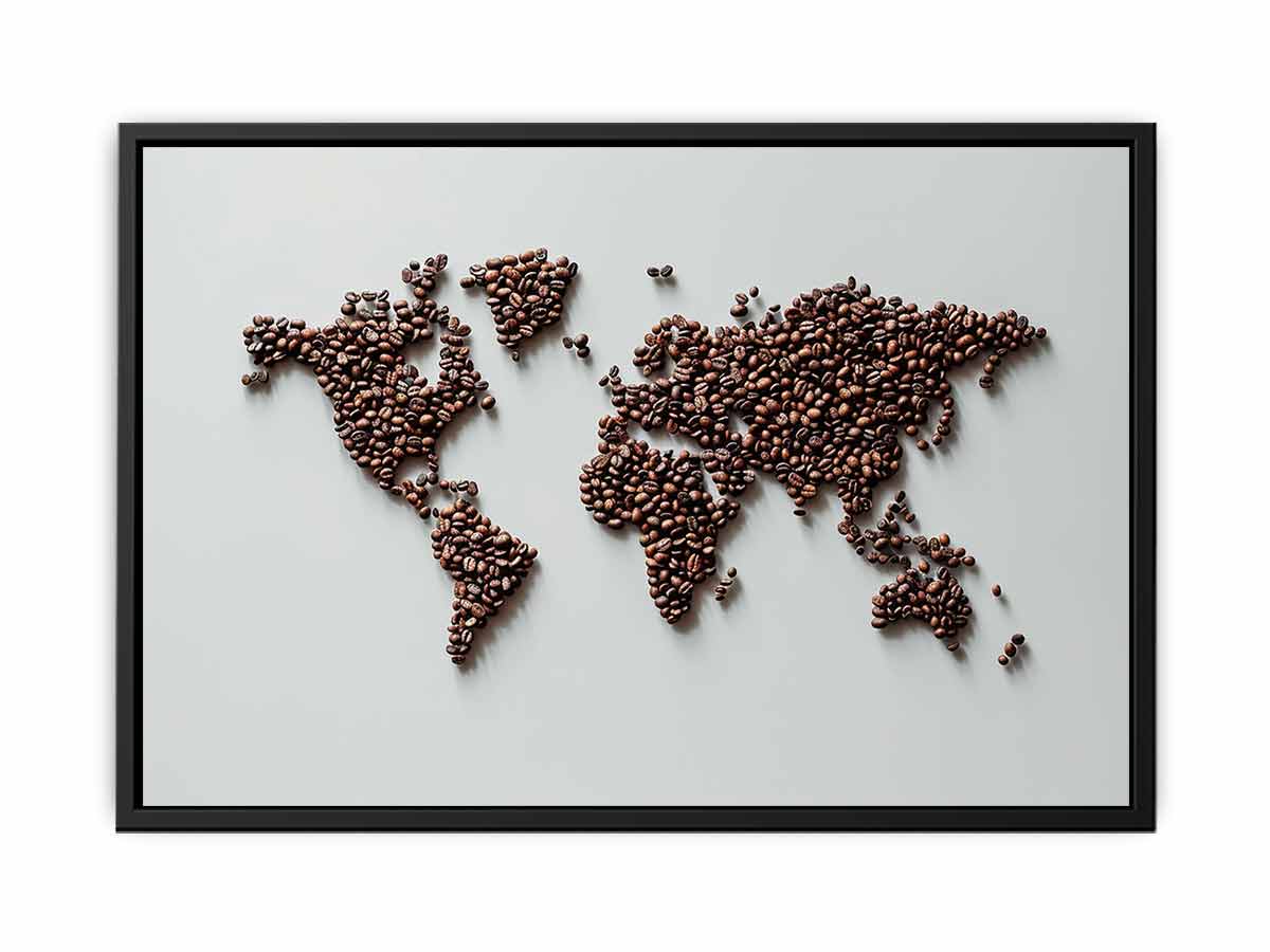 Modern coffee bean world map canvas art for kitchen, cafe, dining room, or coffee bar decor.