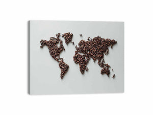 Modern coffee bean world map canvas art for kitchen, cafe, dining room, or coffee bar decor.