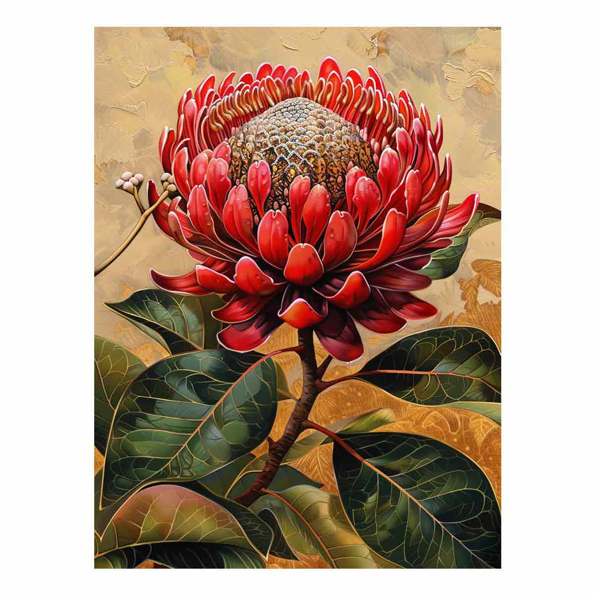 Red waratah botanical canvas art with lush green leaves for elegant living room decor.