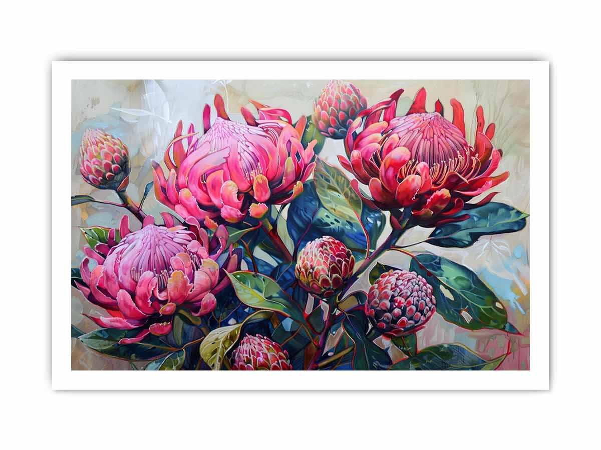 Pink waratah floral canvas art with native blooms and green leaves for modern home decor.