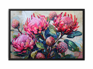 Pink waratah floral canvas art with native blooms and green leaves for modern home decor.