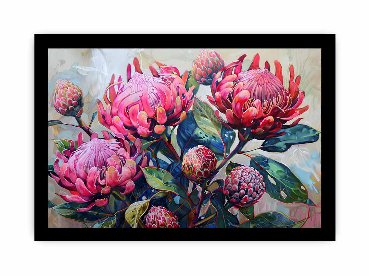 Pink waratah floral canvas art with native blooms and green leaves for modern home decor.