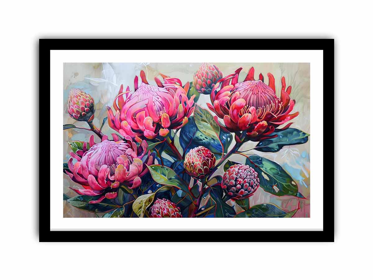 Pink waratah floral canvas art with native blooms and green leaves for modern home decor.